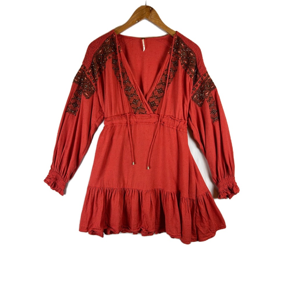 Free People Beaded Boho Tunic Dress Burnt Orange Red Long Sleeve L Peasant Folk